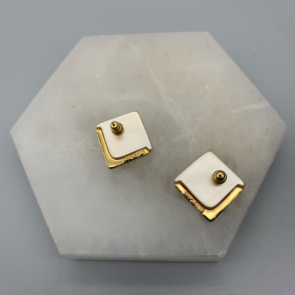 Vintage Napier Geometric Earrings 1980s Gold Tone Pearl Black Square Wave - Picture 3 of 3
